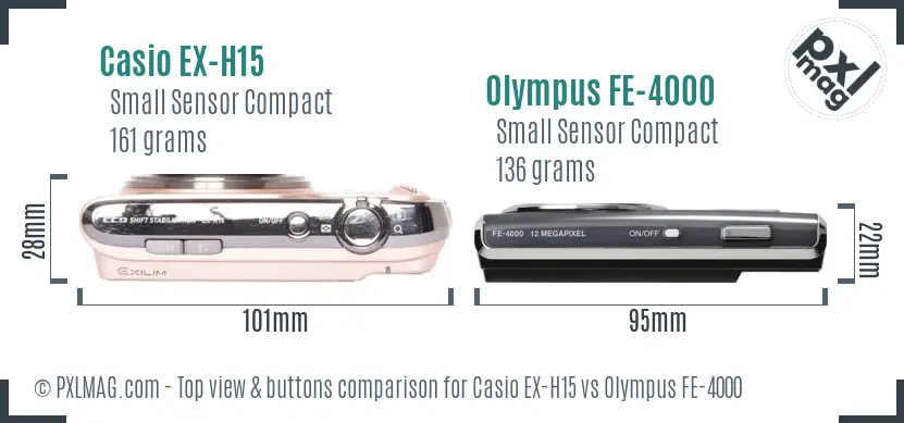 Casio EX-H15 vs Olympus FE-4000 top view buttons comparison