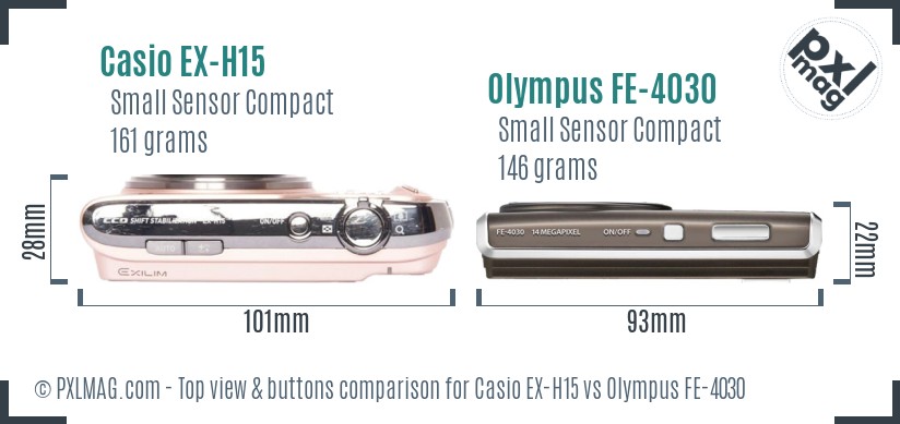 Casio EX-H15 vs Olympus FE-4030 top view buttons comparison