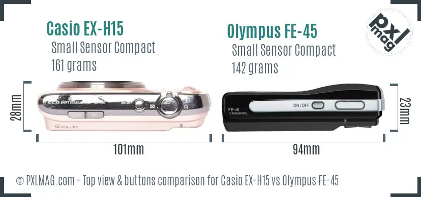 Casio EX-H15 vs Olympus FE-45 top view buttons comparison Casio EX-H15 vs Olympus FE-45 top view buttons comparison