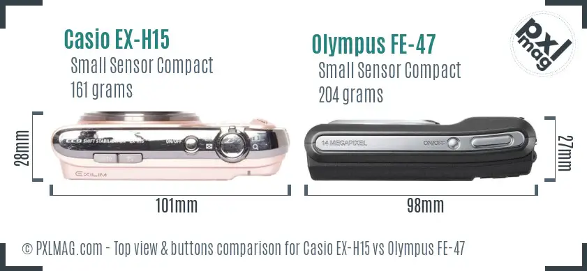 Casio EX-H15 vs Olympus FE-47 top view buttons comparison