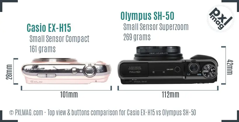 Casio EX-H15 vs Olympus SH-50 top view buttons comparison