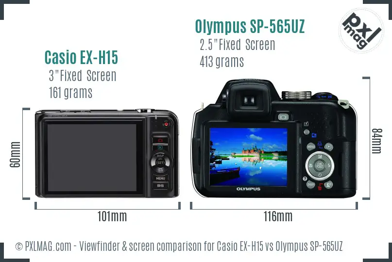 Casio EX-H15 vs Olympus SP-565UZ Screen and Viewfinder comparison