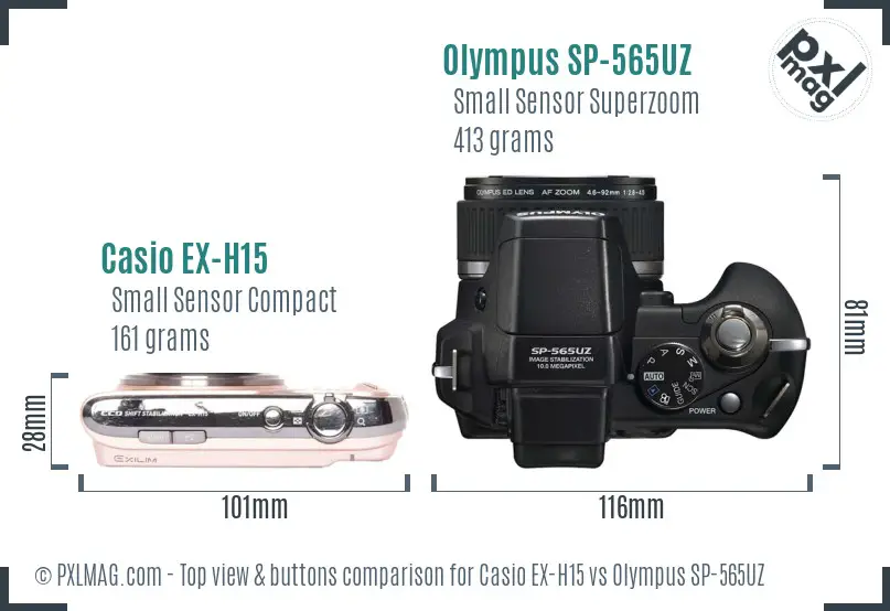 Casio EX-H15 vs Olympus SP-565UZ top view buttons comparison