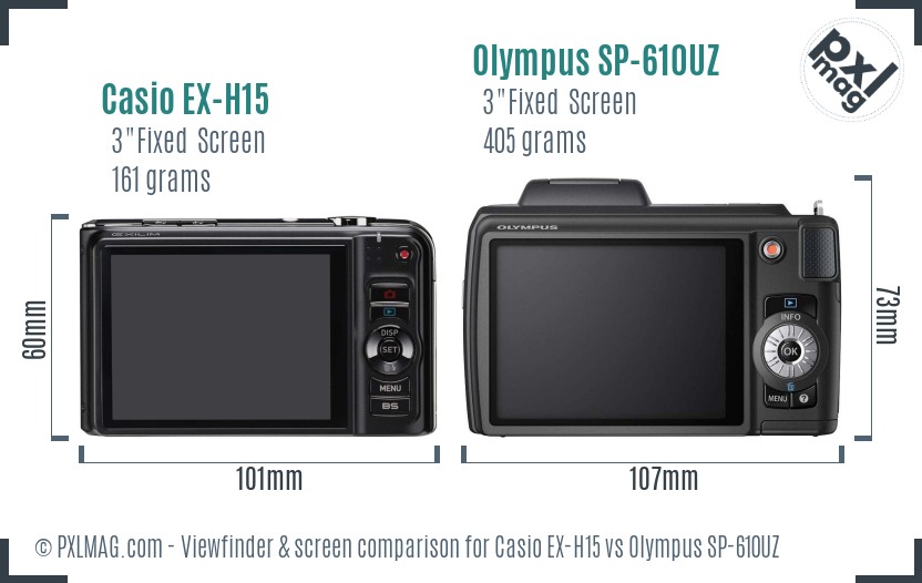 Casio EX-H15 vs Olympus SP-610UZ Screen and Viewfinder comparison