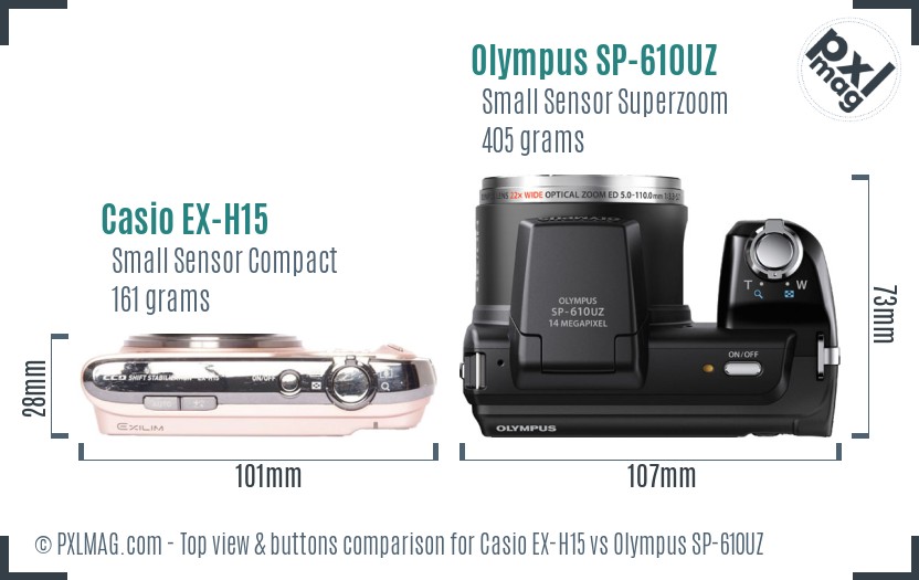 Casio EX-H15 vs Olympus SP-610UZ top view buttons comparison