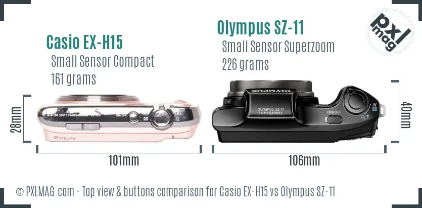 Casio EX-H15 vs Olympus SZ-11 top view buttons comparison