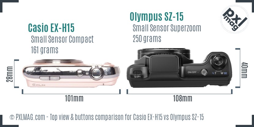 Casio EX-H15 vs Olympus SZ-15 top view buttons comparison