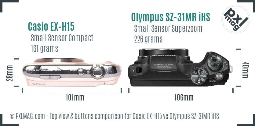 Casio EX-H15 vs Olympus SZ-31MR iHS top view buttons comparison