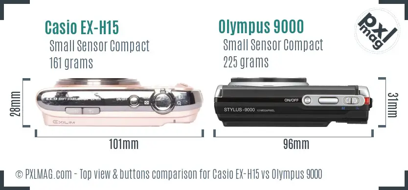 Casio EX-H15 vs Olympus 9000 top view buttons comparison