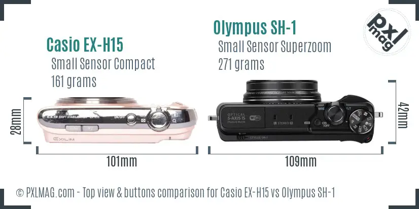 Casio EX-H15 vs Olympus SH-1 top view buttons comparison