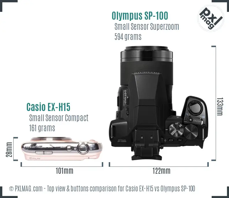Casio EX-H15 vs Olympus SP-100 top view buttons comparison