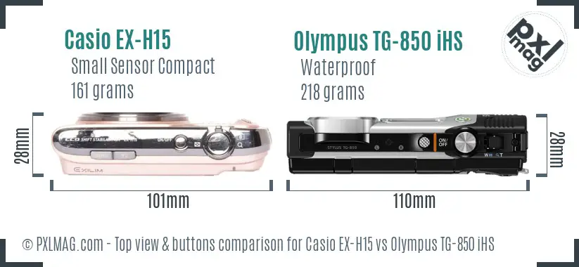 Casio EX-H15 vs Olympus TG-850 iHS top view buttons comparison Casio EX-H15 vs Olympus TG-850 iHS top view buttons comparison