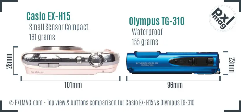 Casio EX-H15 vs Olympus TG-310 top view buttons comparison
