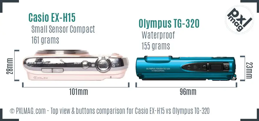 Casio EX-H15 vs Olympus TG-320 top view buttons comparison