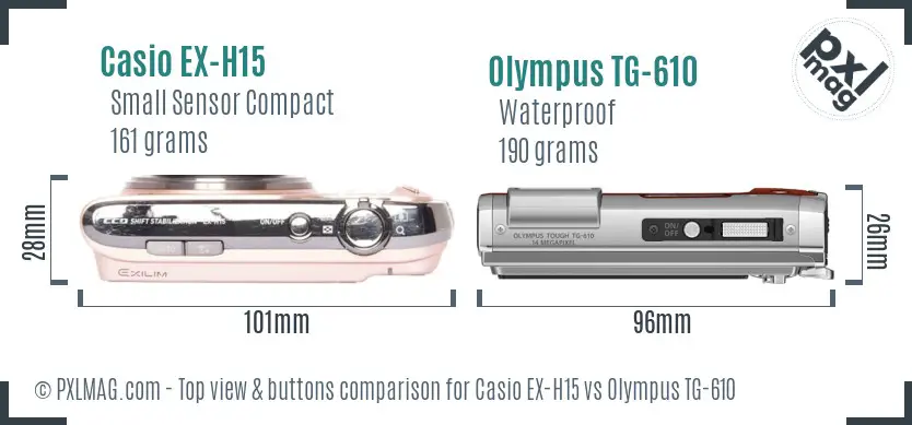 Casio EX-H15 vs Olympus TG-610 top view buttons comparison