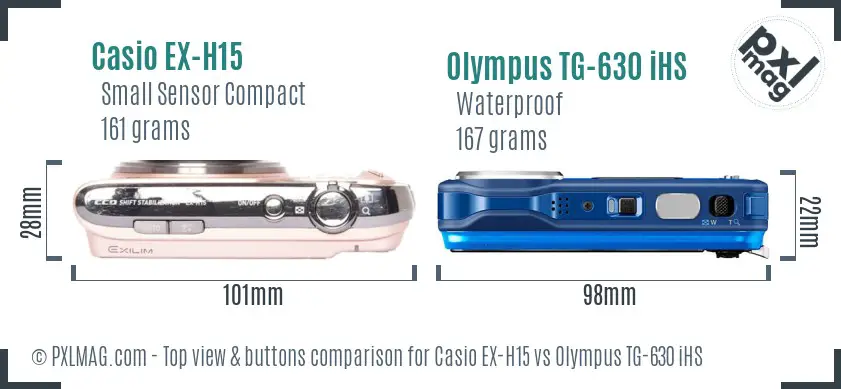 Casio EX-H15 vs Olympus TG-630 iHS top view buttons comparison Casio EX-H15 vs Olympus TG-630 iHS top view buttons comparison