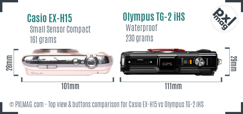Casio EX-H15 vs Olympus TG-2 iHS top view buttons comparison