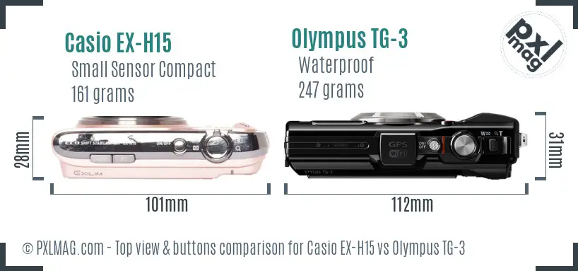 Casio EX-H15 vs Olympus TG-3 top view buttons comparison Casio EX-H15 vs Olympus TG-3 top view buttons comparison