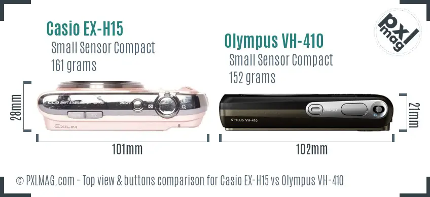 Casio EX-H15 vs Olympus VH-410 top view buttons comparison Casio EX-H15 vs Olympus VH-410 top view buttons comparison