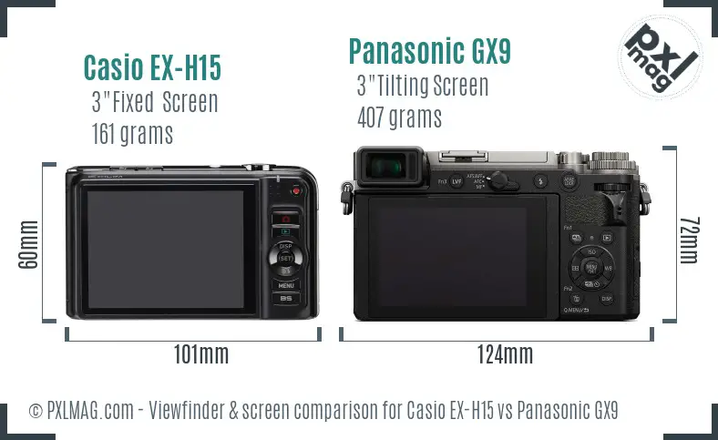 Casio EX-H15 vs Panasonic GX9 Screen and Viewfinder comparison