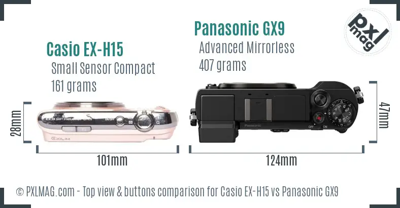 Casio EX-H15 vs Panasonic GX9 top view buttons comparison