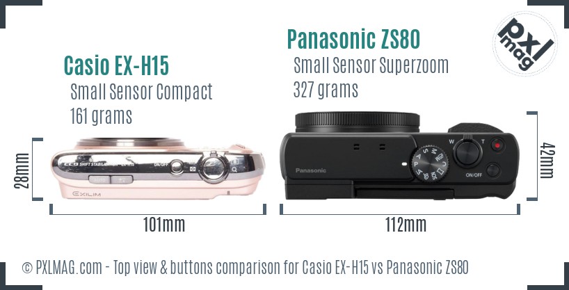 Casio EX-H15 vs Panasonic ZS80 top view buttons comparison