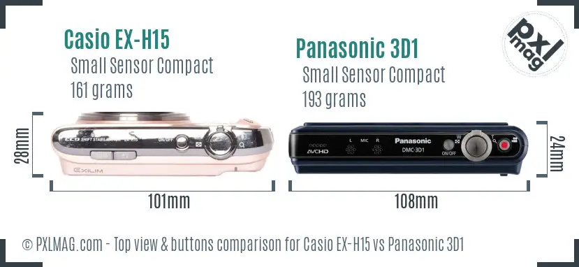 Casio EX-H15 vs Panasonic 3D1 top view buttons comparison