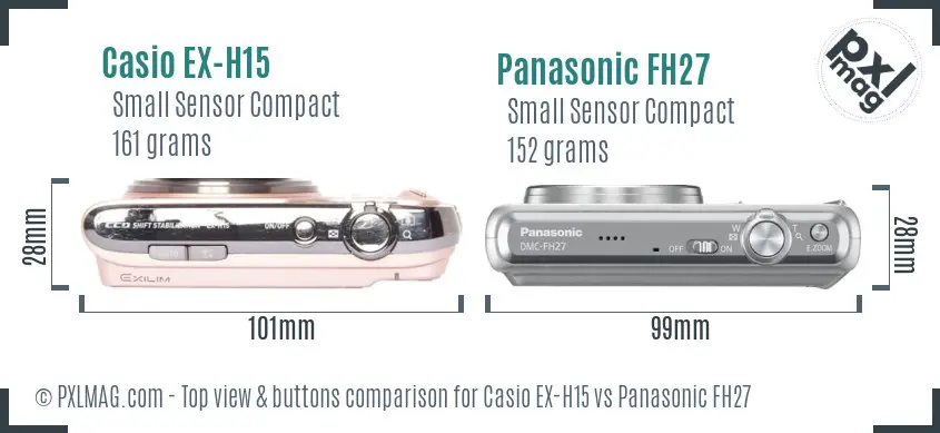 Casio EX-H15 vs Panasonic FH27 top view buttons comparison Casio EX-H15 vs Panasonic FH27 top view buttons comparison