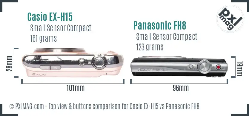 Casio EX-H15 vs Panasonic FH8 top view buttons comparison Casio EX-H15 vs Panasonic FH8 top view buttons comparison