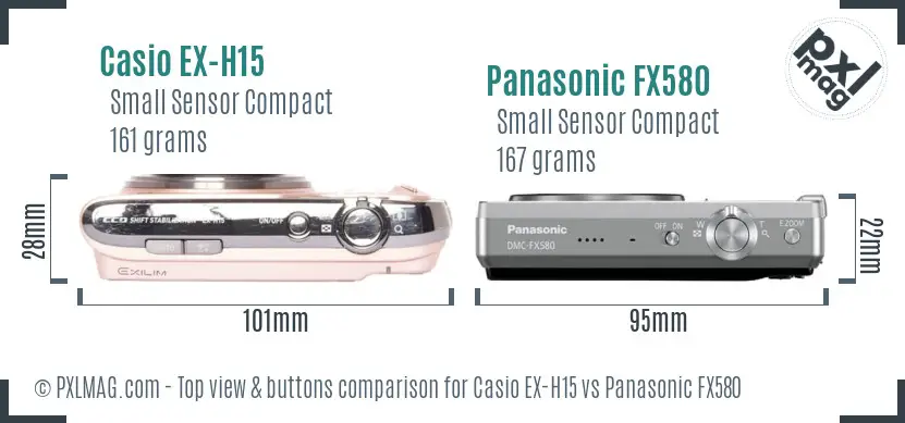 Casio EX-H15 vs Panasonic FX580 top view buttons comparison