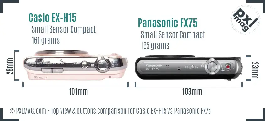 Casio EX-H15 vs Panasonic FX75 top view buttons comparison