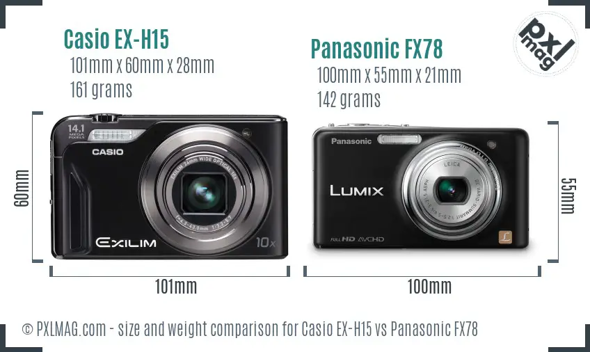 Casio EX-H15 vs Panasonic FX78 size comparison