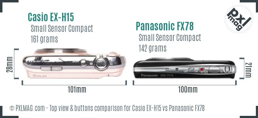 Casio EX-H15 vs Panasonic FX78 top view buttons comparison