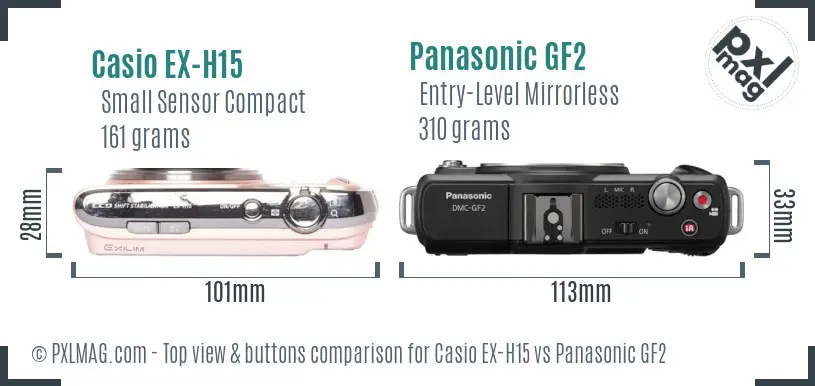 Casio EX-H15 vs Panasonic GF2 top view buttons comparison