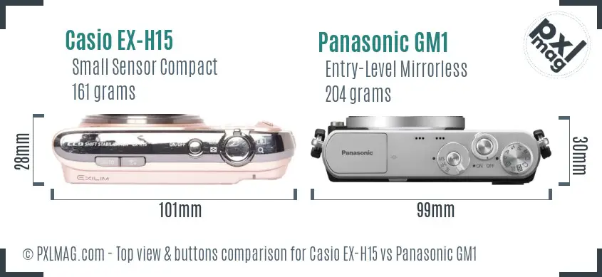 Casio EX-H15 vs Panasonic GM1 top view buttons comparison