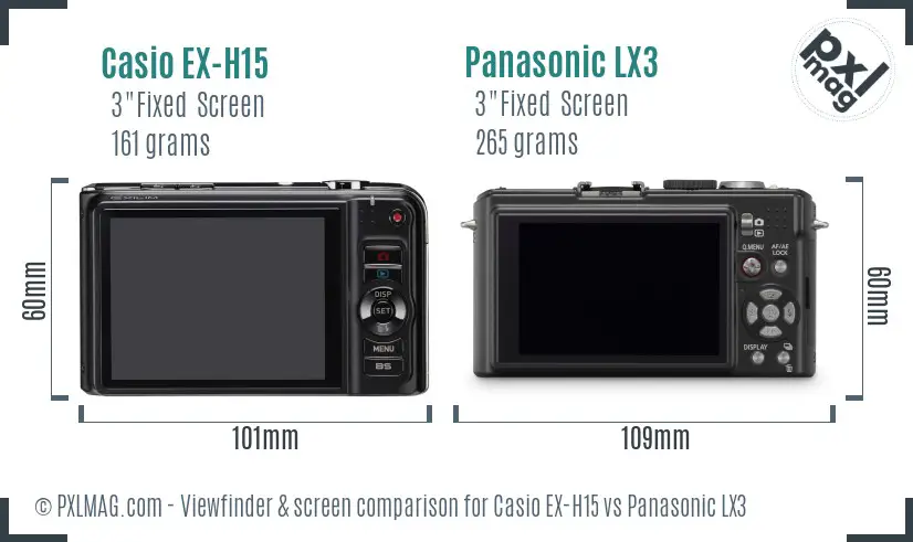 Casio EX-H15 vs Panasonic LX3 Screen and Viewfinder comparison