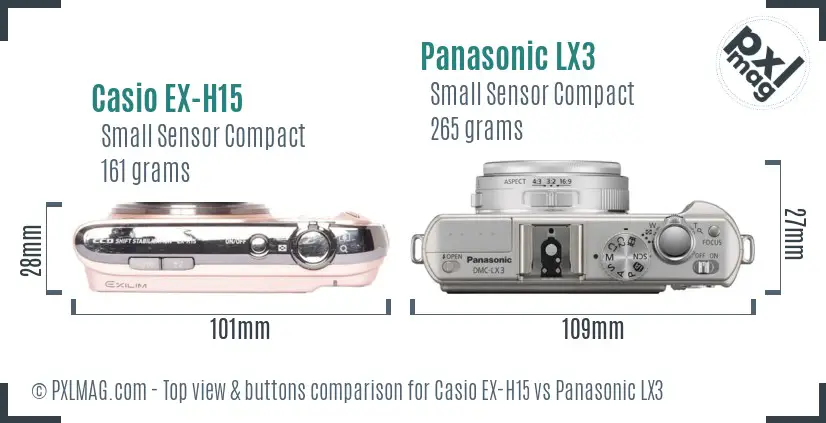 Casio EX-H15 vs Panasonic LX3 top view buttons comparison