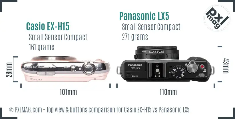 Casio EX-H15 vs Panasonic LX5 top view buttons comparison Casio EX-H15 vs Panasonic LX5 top view buttons comparison