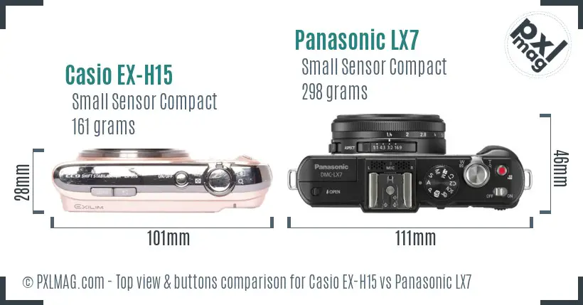 Casio EX-H15 vs Panasonic LX7 top view buttons comparison