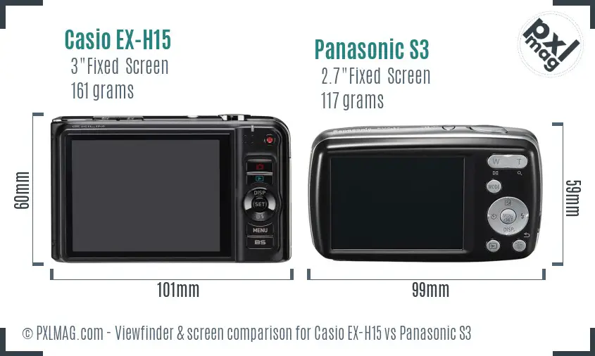Casio EX-H15 vs Panasonic S3 Screen and Viewfinder comparison