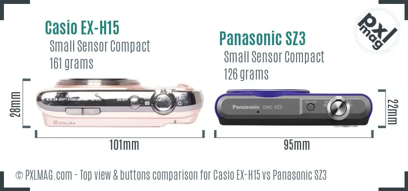 Casio EX-H15 vs Panasonic SZ3 top view buttons comparison