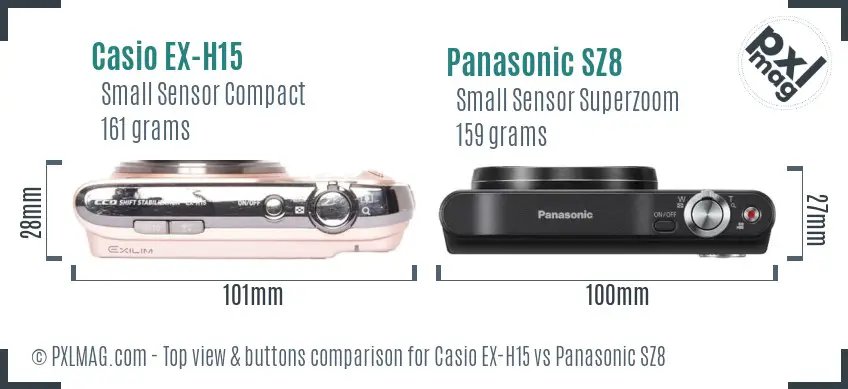Casio EX-H15 vs Panasonic SZ8 top view buttons comparison Casio EX-H15 vs Panasonic SZ8 top view buttons comparison