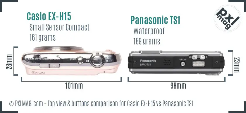 Casio EX-H15 vs Panasonic TS1 top view buttons comparison Casio EX-H15 vs Panasonic TS1 top view buttons comparison