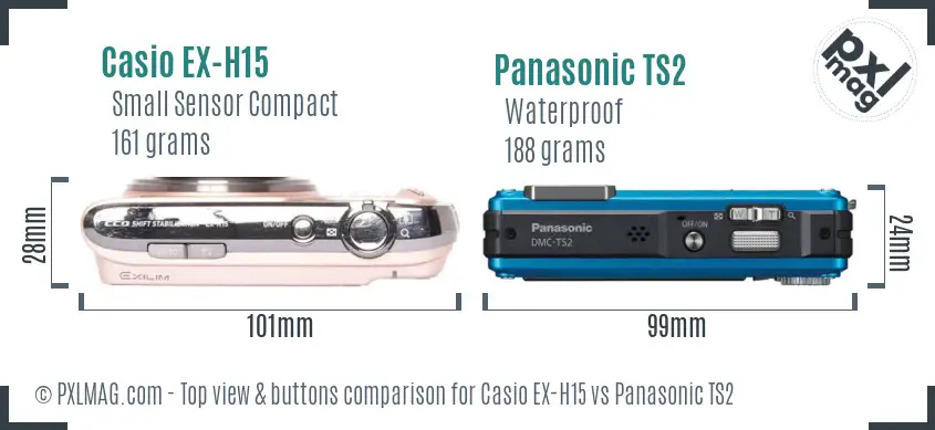 Casio EX-H15 vs Panasonic TS2 top view buttons comparison