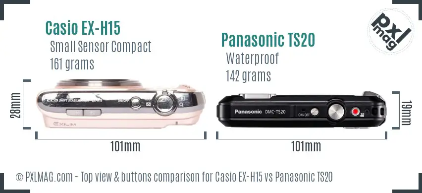 Casio EX-H15 vs Panasonic TS20 top view buttons comparison