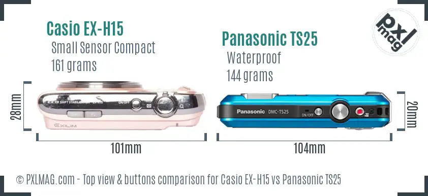 Casio EX-H15 vs Panasonic TS25 top view buttons comparison