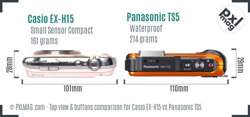 Casio EX-H15 vs Panasonic TS5 top view buttons comparison