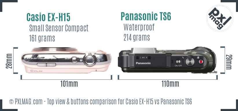 Casio EX-H15 vs Panasonic TS6 top view buttons comparison