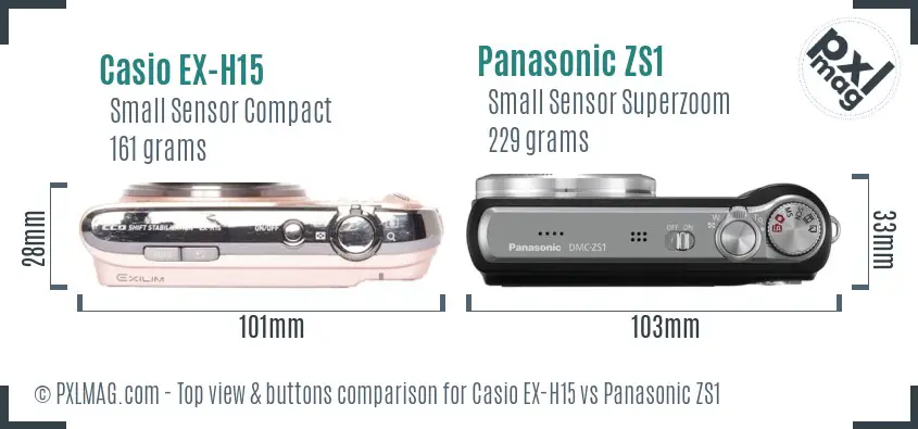 Casio EX-H15 vs Panasonic ZS1 top view buttons comparison Casio EX-H15 vs Panasonic ZS1 top view buttons comparison