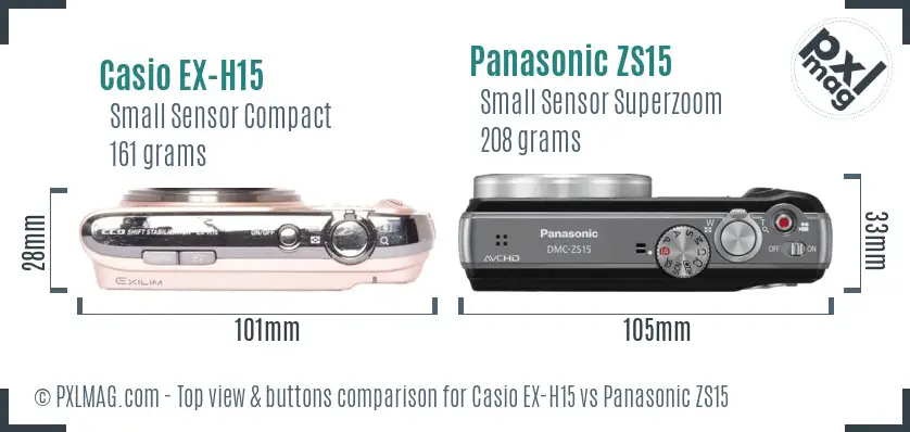 Casio EX-H15 vs Panasonic ZS15 top view buttons comparison